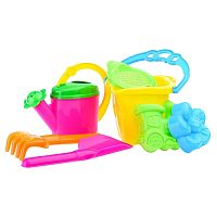 набор детский для песочницы №114 (ведро,кувшин,лейка,сито,2 формочки,лопатка,грабельки) 01814